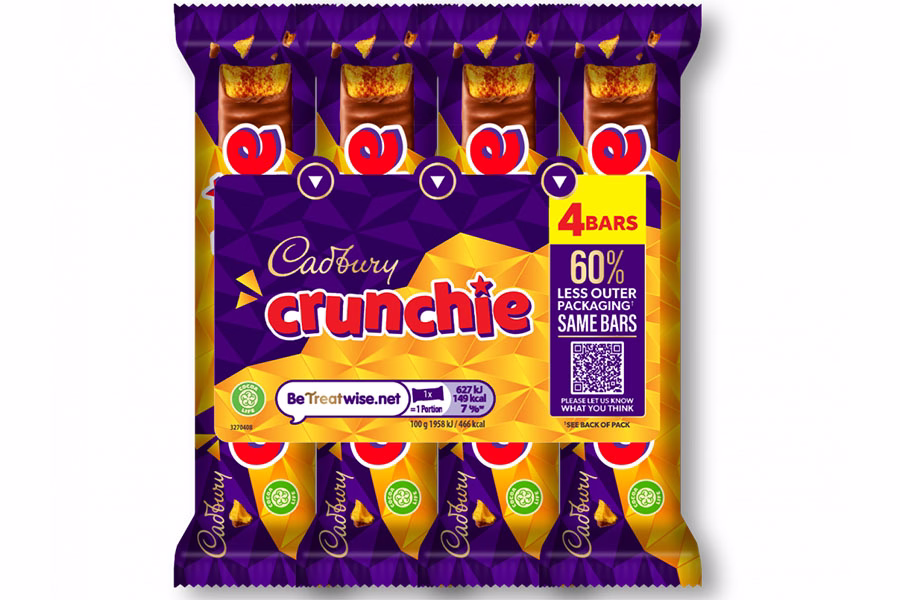 Mondelēz International і Tesco випробовують інновацію на 1,8 мільйонах мультипаків Cadbury Crunchie, зменшивши зовнішню пластикову упаковку на 60%